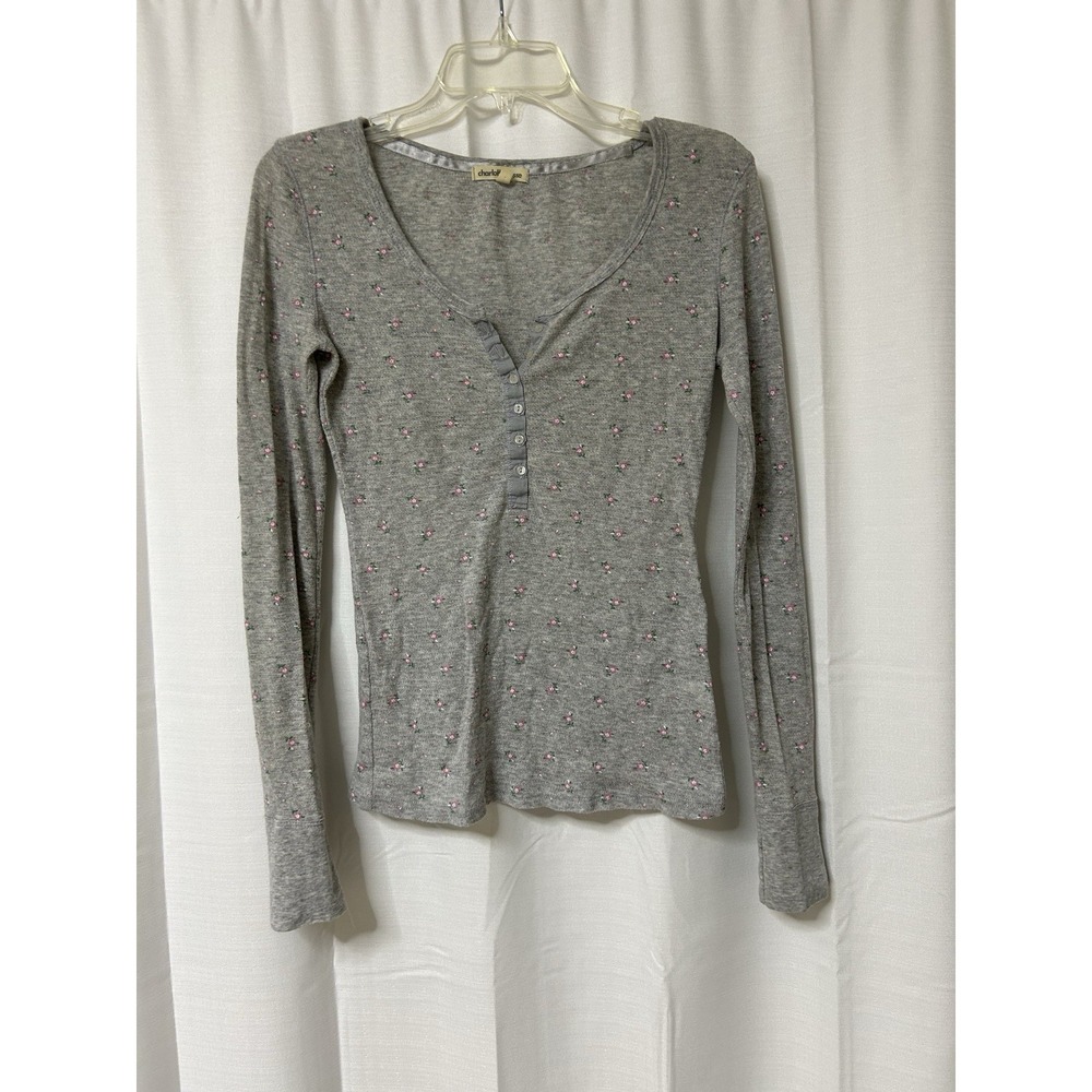 Charlotte Russe Gray Floral Y2K Henley Lightweight Long Sleeve M